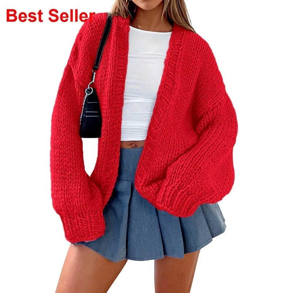 Chunky Knit Cardigan Sweater Long Sleeve Open Front Shawl Collar Loose Fit